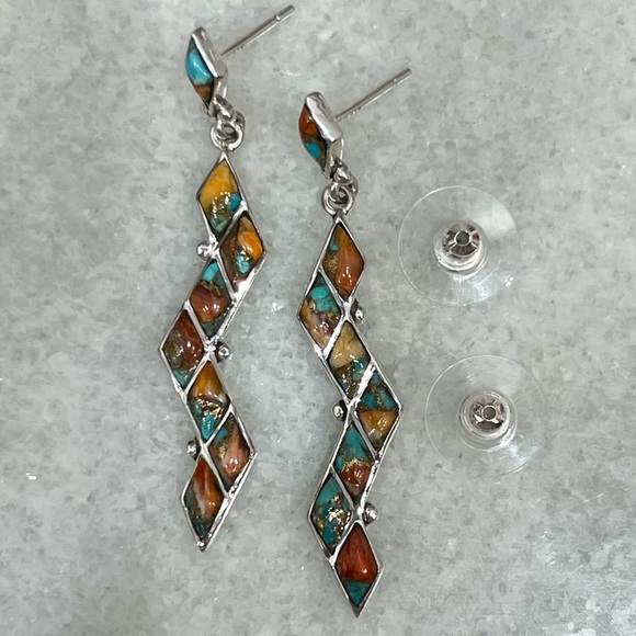 Santa Fe Style Spiny Turquoise Zigzag Sterling Silver BOHO Dangle Post Earrings - Picture 7 of 10